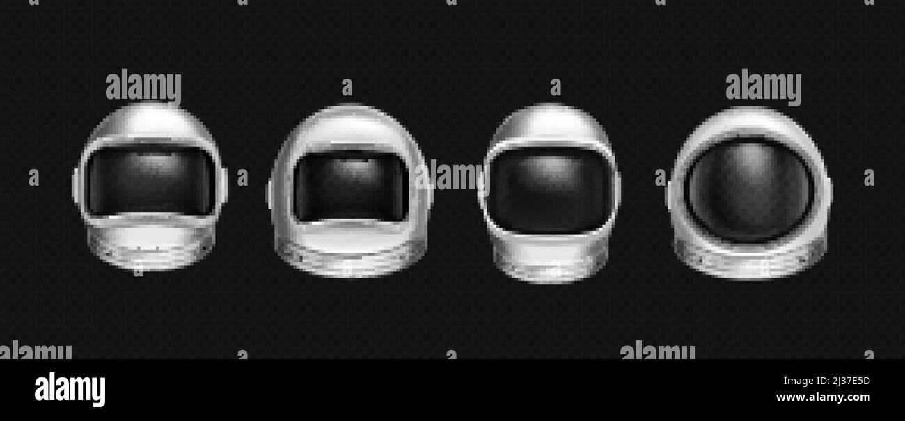 Astronaut helmets, cosmonaut mask with clear glass for space exploration and flight in cosmos. Vector realistic set of white suit part for protection Stock Vector