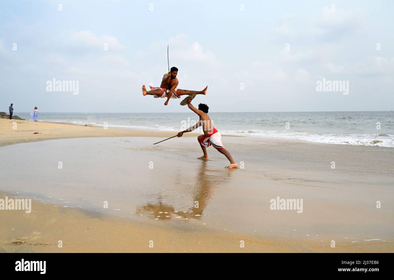 Kalaripayattu,an ancient Indian martial art which is indigenous to Kerala a southern-west state of India.It is known as the mother of all Stock Photo