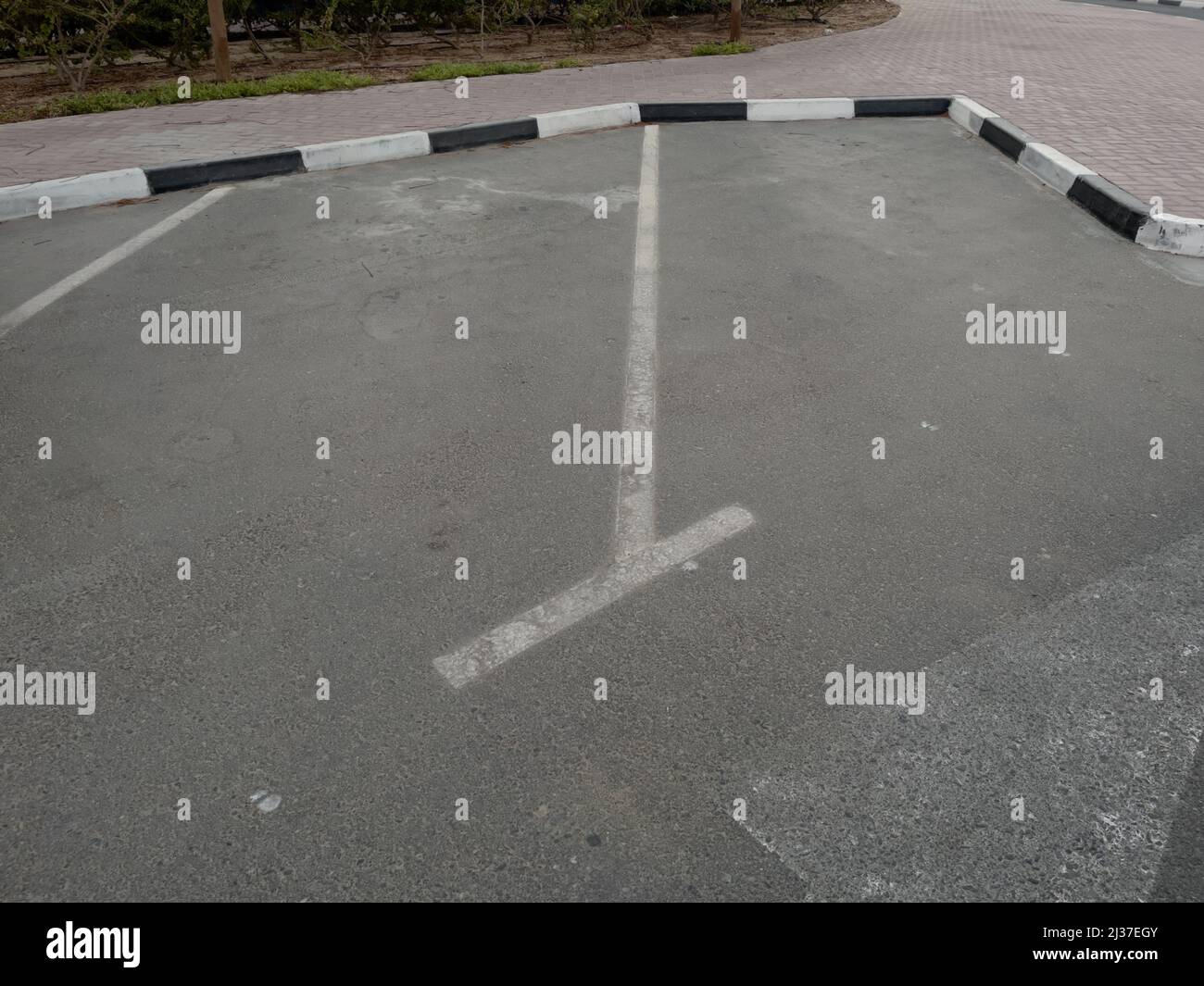 Empty public parking spaces for vehicles on the side of a street in Dubai, United Arab Emirates. Stock Photo