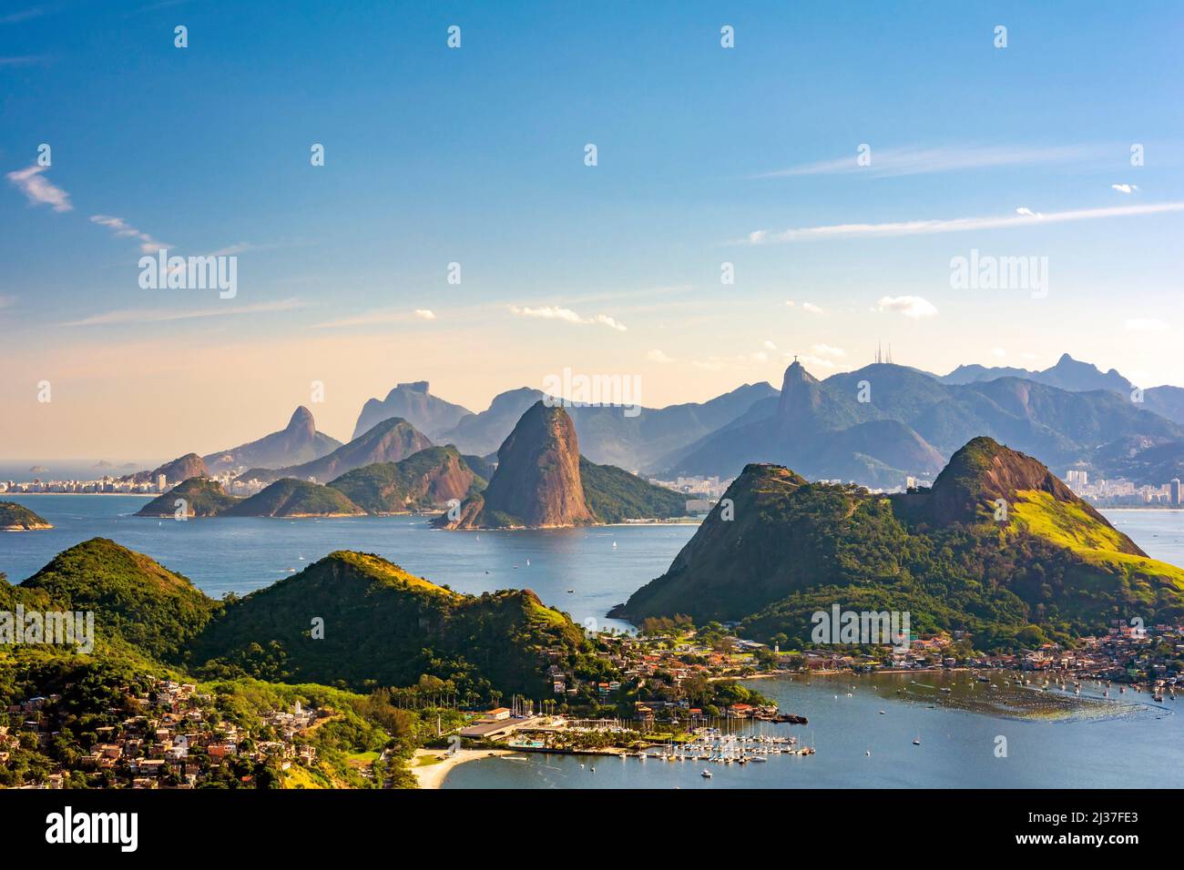 View from the top of the mountains, sea, Guanabara Bay and the city of Rio de Janeiro. Stock Photo
