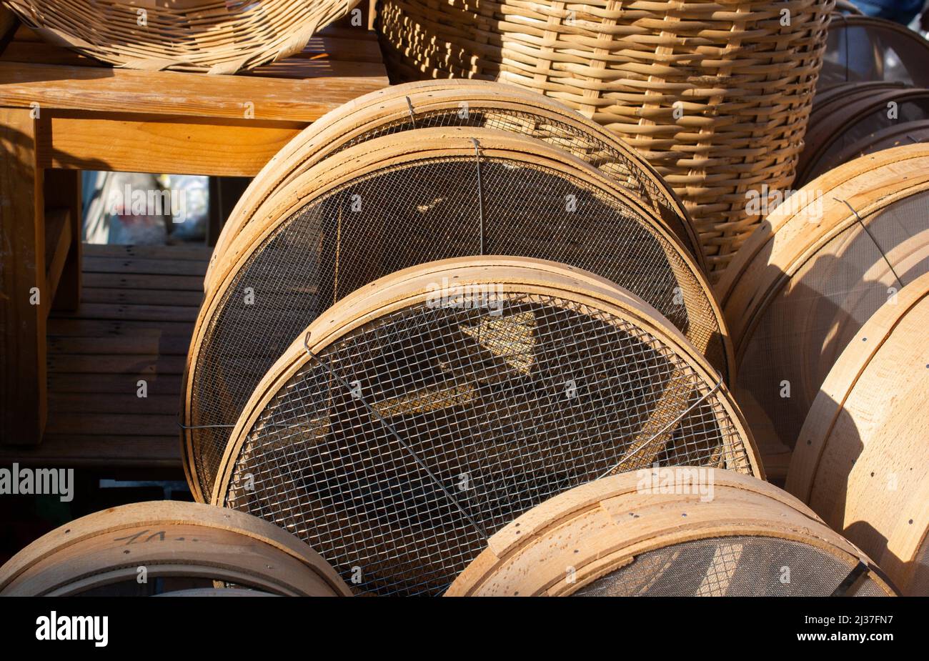 Traditional type sieves made of wood Stock Photo Alamy