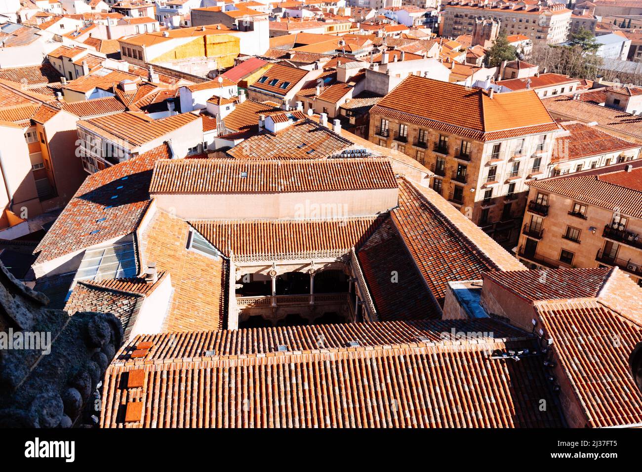 Aerial top panoramic view of historic centre of the medieval town of Salamanca with Casa de las Conchas and old buildings with typical terracotta Stock Photo
