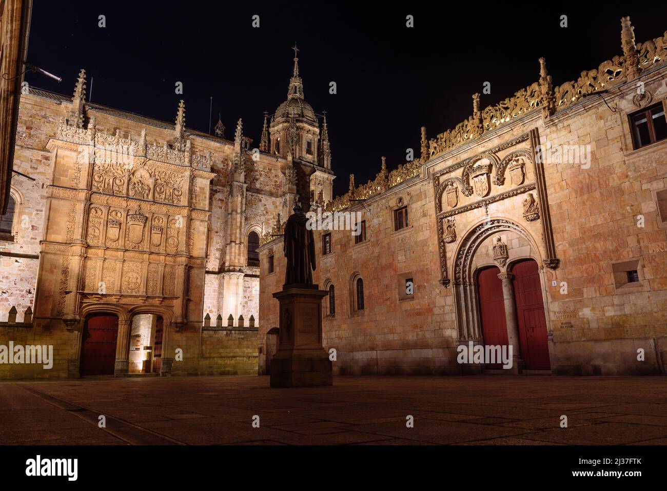 Beautiful view of famous University of Salamanca at night, the oldest university in Spain, Castilla y Leon region. Plateresque architecture. Stock Photo