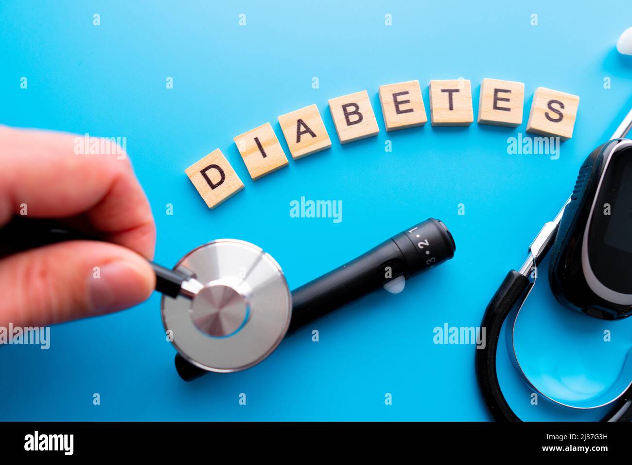Diabetes wooden text. Flat lay 