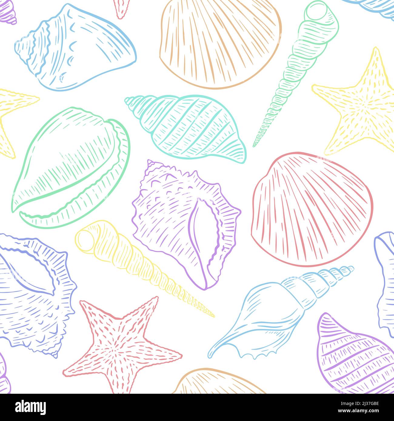 Multicolored seashells seamless pattern. Different seashells background