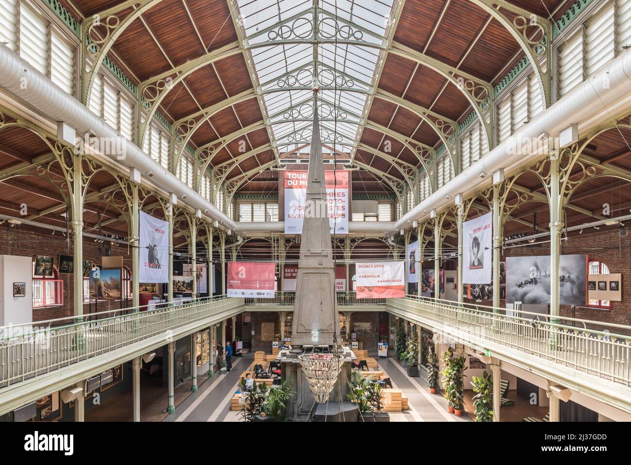 Brussels Old Town - Belgium Interior design of the Halles Saint-Gery - Sint Goriks Hallen a commercial mall with restaurants, expositions and cafés. Stock Photo