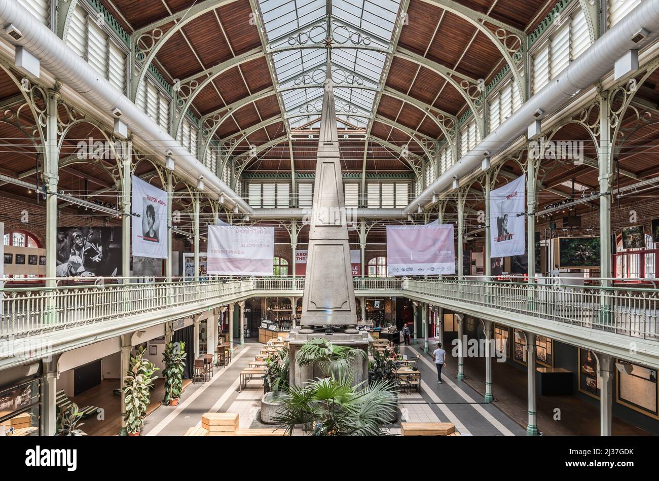 Brussels Old Town - Belgium Interior design of the Halles Saint-Gery - Sint Goriks Hallen a commercial mall with restaurants, expositions and cafés. Stock Photo
