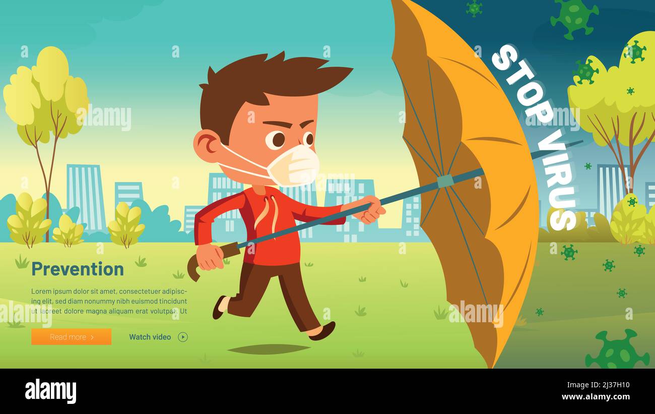 Stop virus cartoon web banner, little boy in medical mask with umbrella