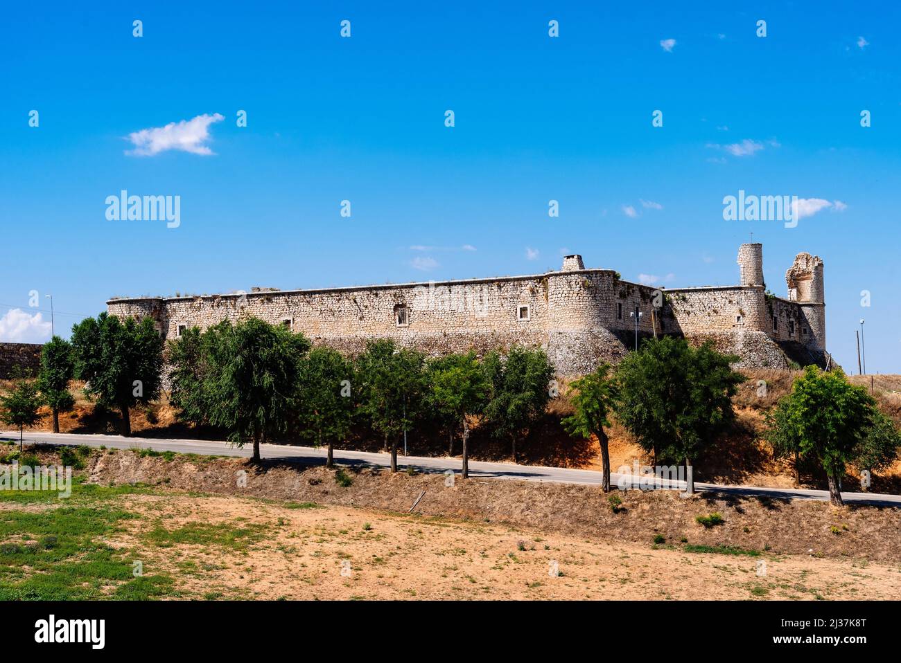 The Medieval Castle of Chinchon in Madrid. Sunny day of summer with blue sky. Stock Photo
