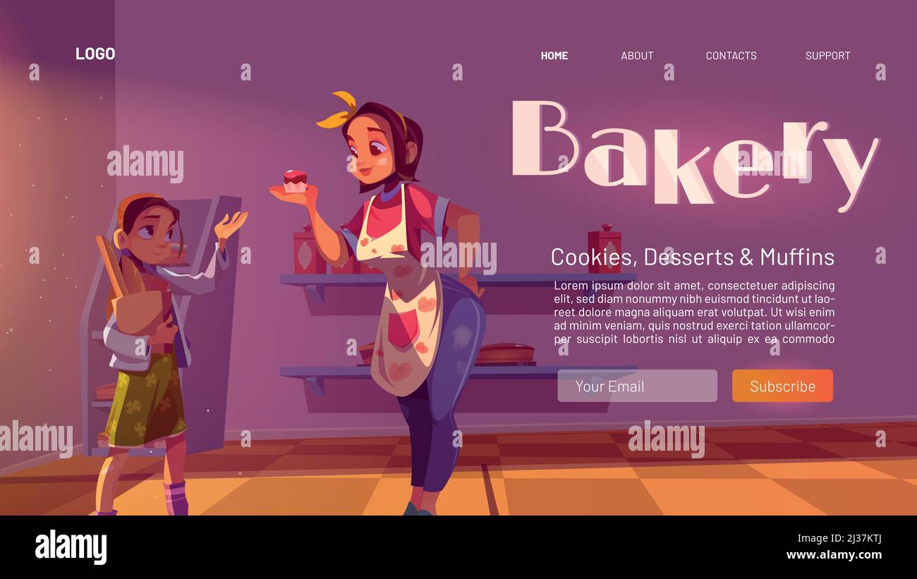 Bakery cartoon landing page, fresh bake house production cookies