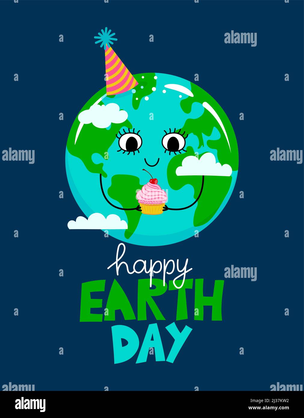 Happy Earth Day - Planet Earth kawaii drawing with birthday cake. Poster or t-shirt textile graphic design. Beautiful illustration. Earth Day environm Stock Vector