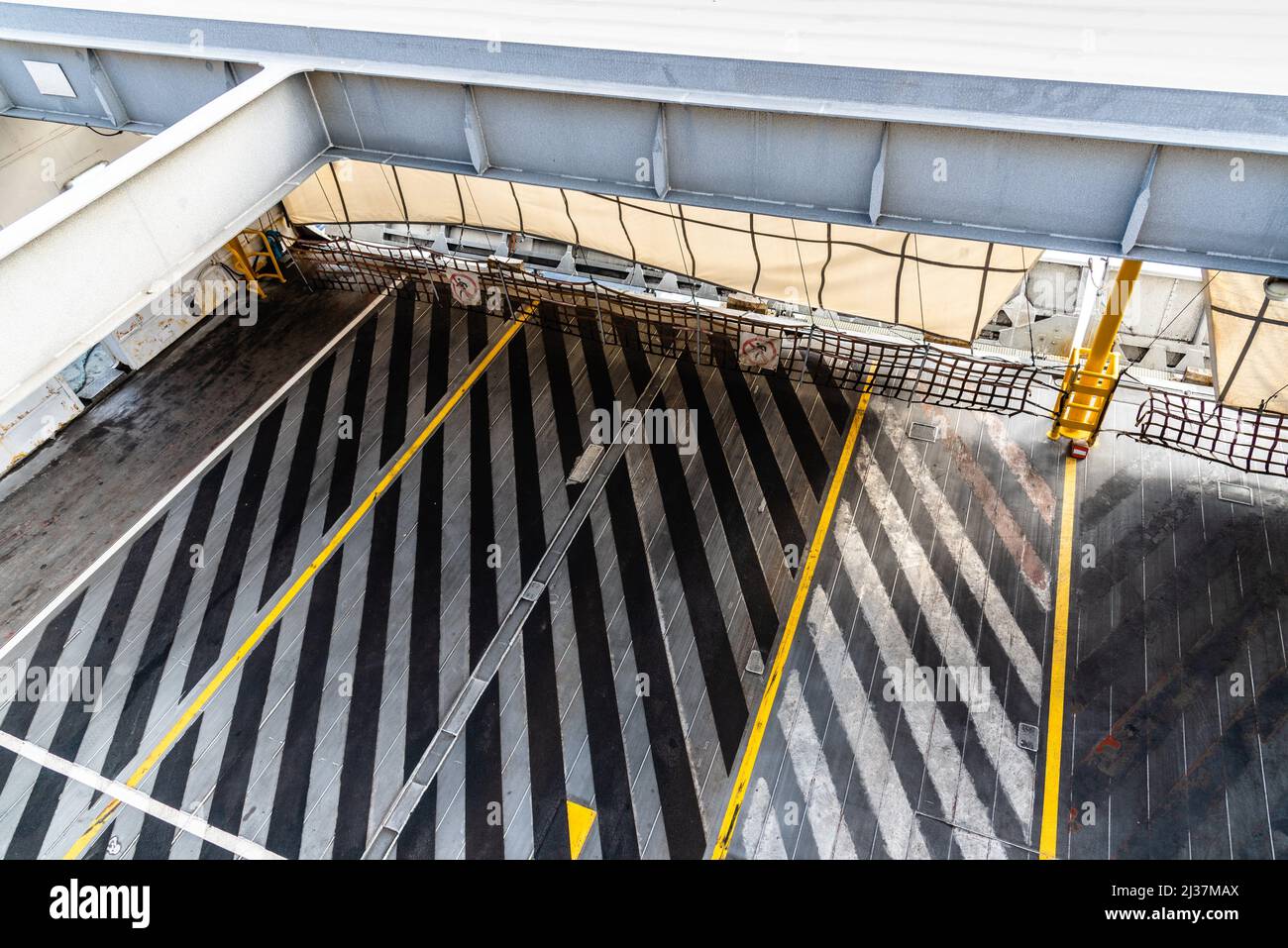 Deck for vehicles of roro ferry. Top view. Stock Photo