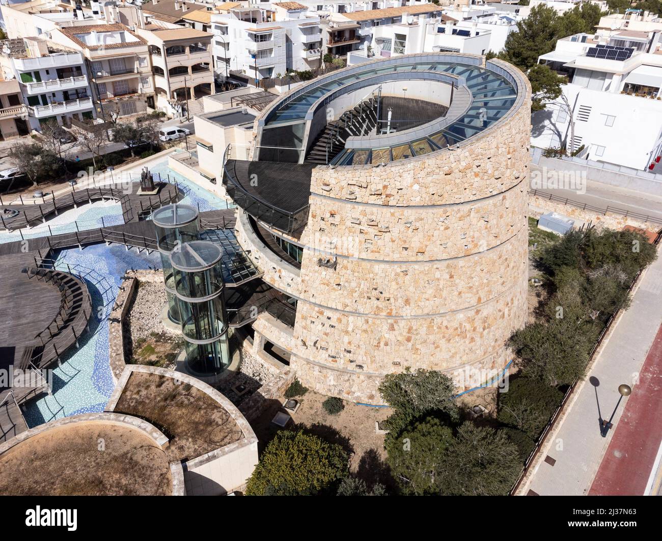 Cabrera Interpretation Center, Building View and Swimming Pools, Colònia de Sant Jordi, Ses Salines, Mallorca, Balearic Islands, Spain. Stock Photo