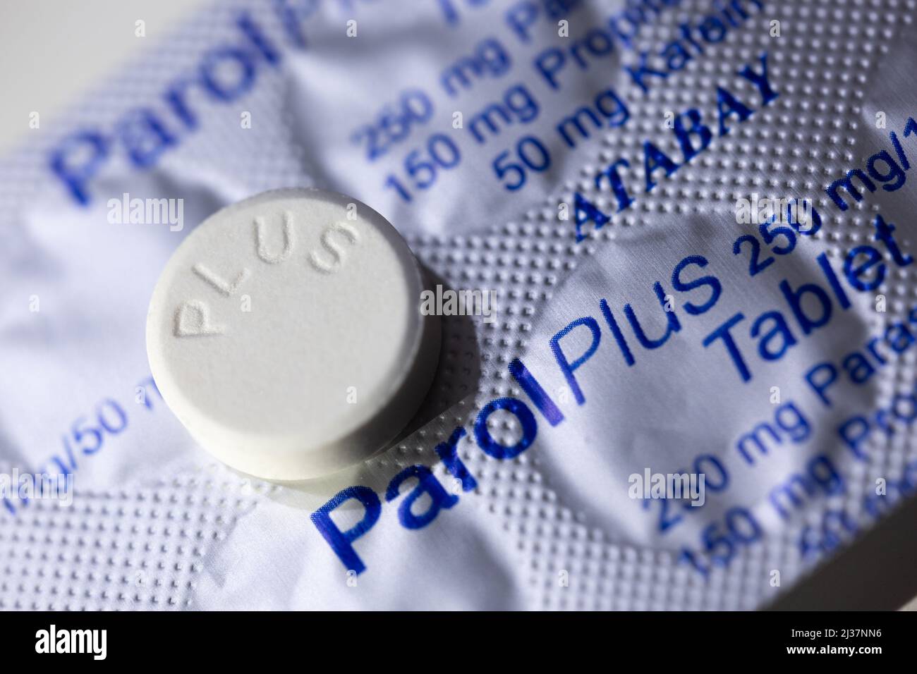 Adana,Turkey-March 24 2022: White pill with 'Plus' on it in selective focus. The anti-inflammatory painkiller Parol. Stock Photo