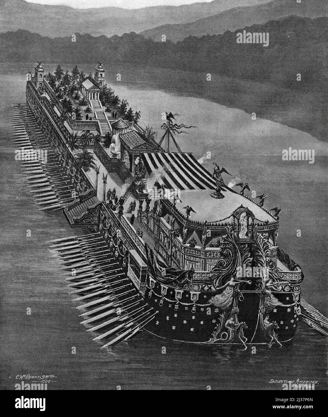 Artistic representation of a Nemi Ship (Caligula ceremonial boat). Creation by C.M. Knight-Smith, from an issue of the Scientific American, New York, Stock Photo