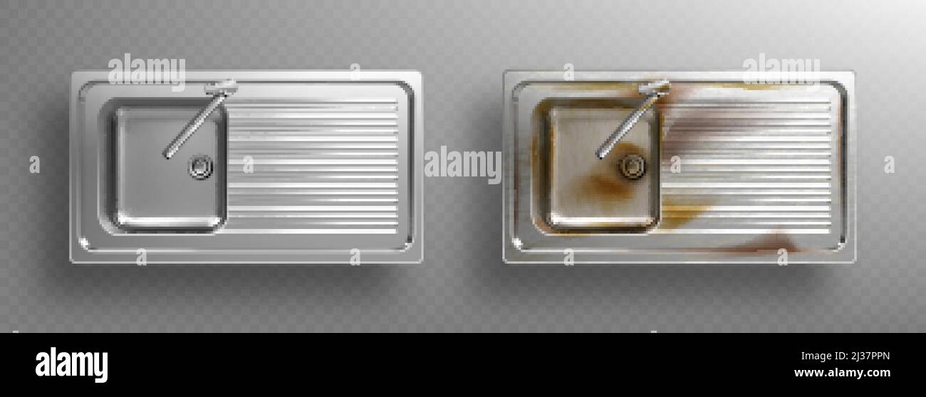 Stainless kitchen sinks with faucets in top view. Clean and dirty rusty metal sinks with basin mixer and utensil drainer. Vector realistic set of stee Stock Vector