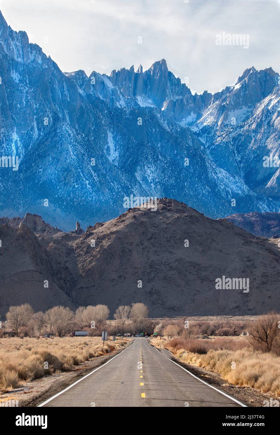 Mount Whitney soars above the Eastern Sierras and the Owens Valley of California. Stock Photo