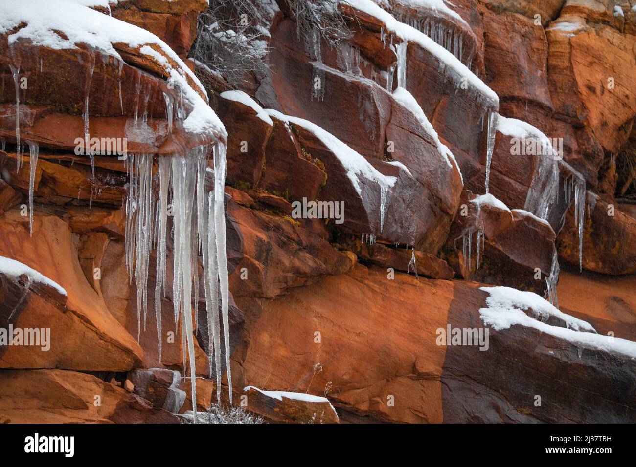 Fresh snow has fallen at Zion National Park, Utah. Stock Photo