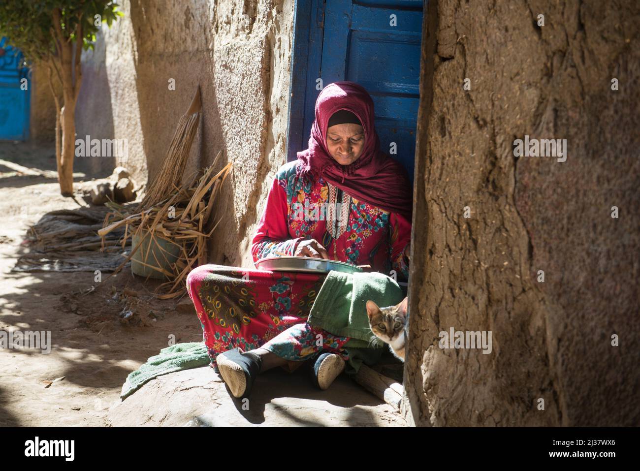 Woman sitting on her doorstep peeling garlic, village of Ramadi, west bank of the Nile south of Edfu, Egypt, North East Africa. Stock Photo