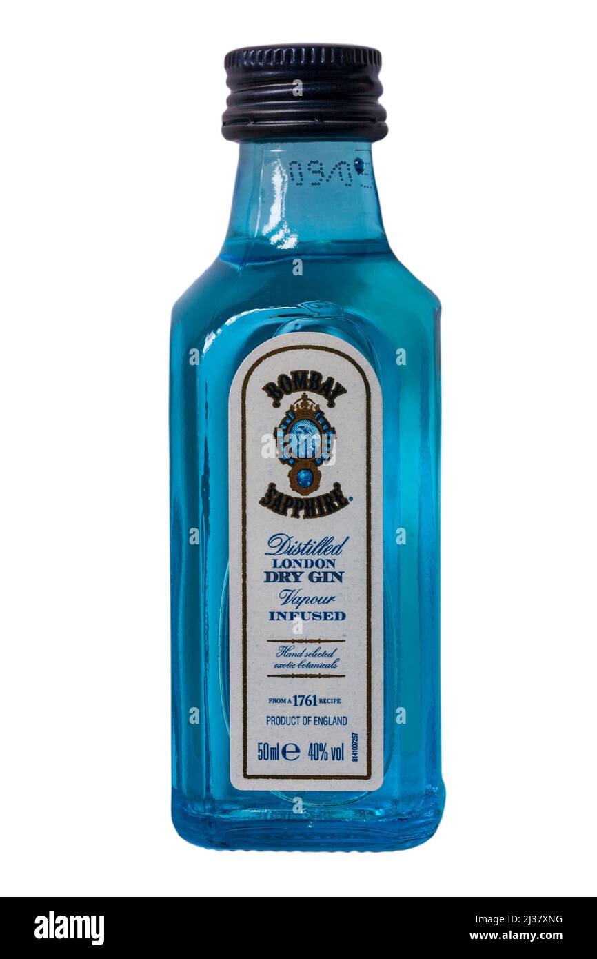 miniature bottle of Bombay Sapphire Gin Distilled London Dry Gin isolated on white background
