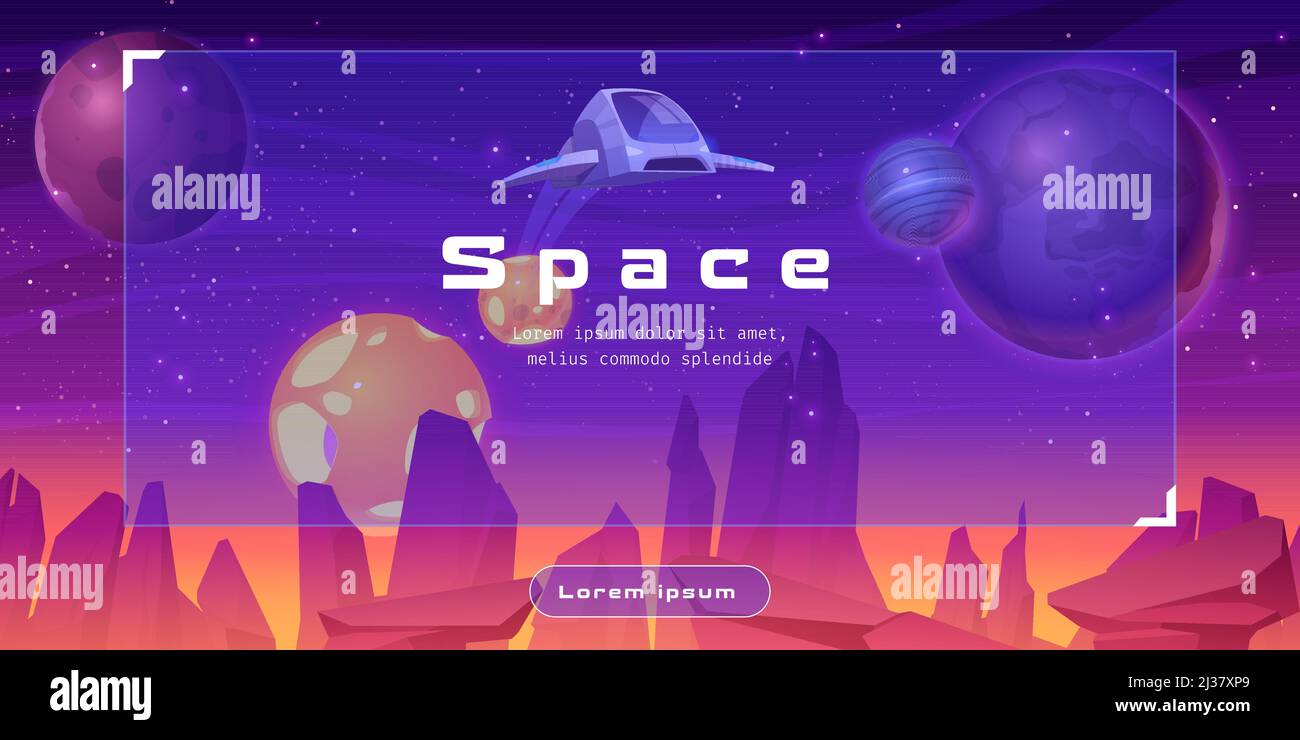 Shuttle in space cartoon web banner with spaceship fly over alien ...