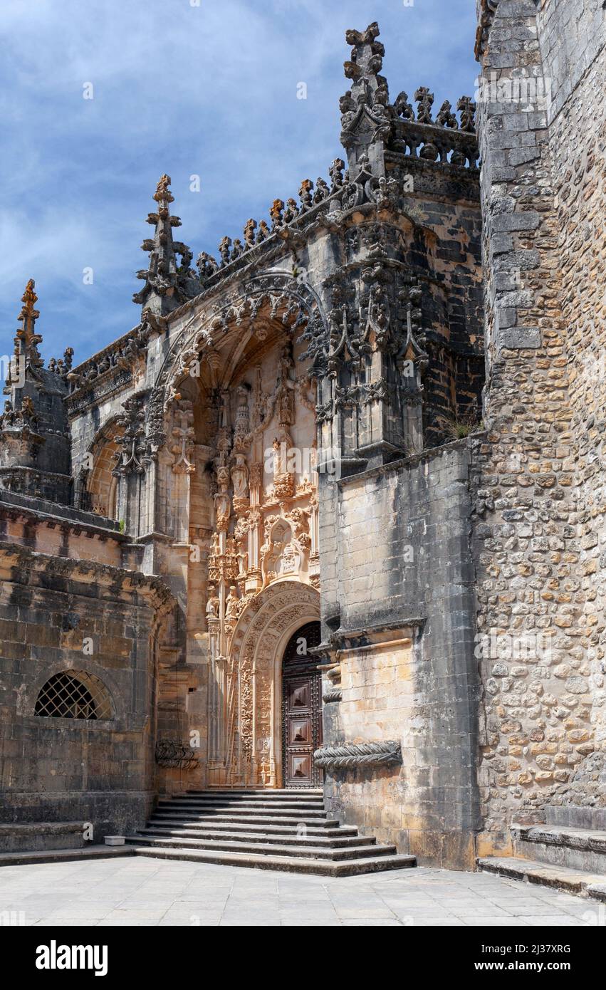 Europe, Portugal, Tomar, Ornate Entrance to the Main Church of the Convent of Christ (Convento de Cristo). Stock Photo