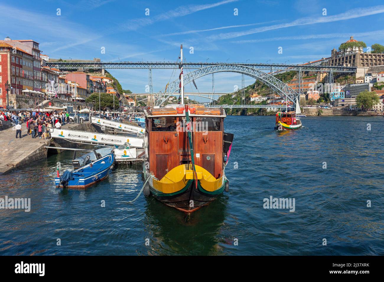 Europe, Portugal, Porto, Ribeira District; Traditional Boat moored on the Douro River near the Cais da Estiva. Stock Photo