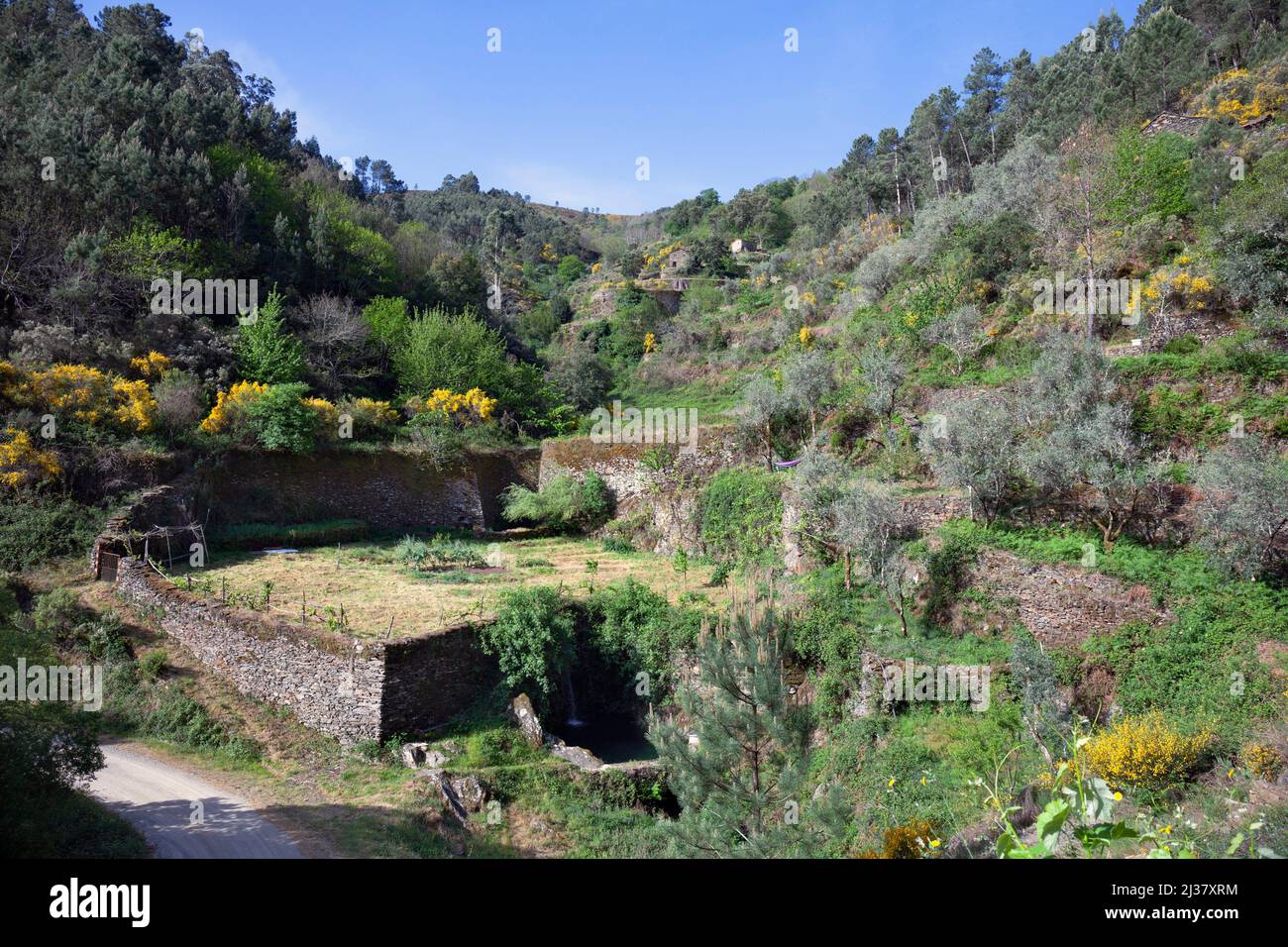 Europe, Portugal, District of Coimbra, Near Góis, 'The Goatshed' (near Colmeal), The Waterfall and Field. Stock Photo