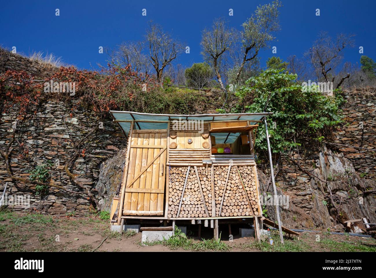 Europe, Portugal, District of Coimbra, Near Góis, Camping at 'The Goatshed' Ruins (near Colmeal) Showing the Toilet and Shower Block. Stock Photo