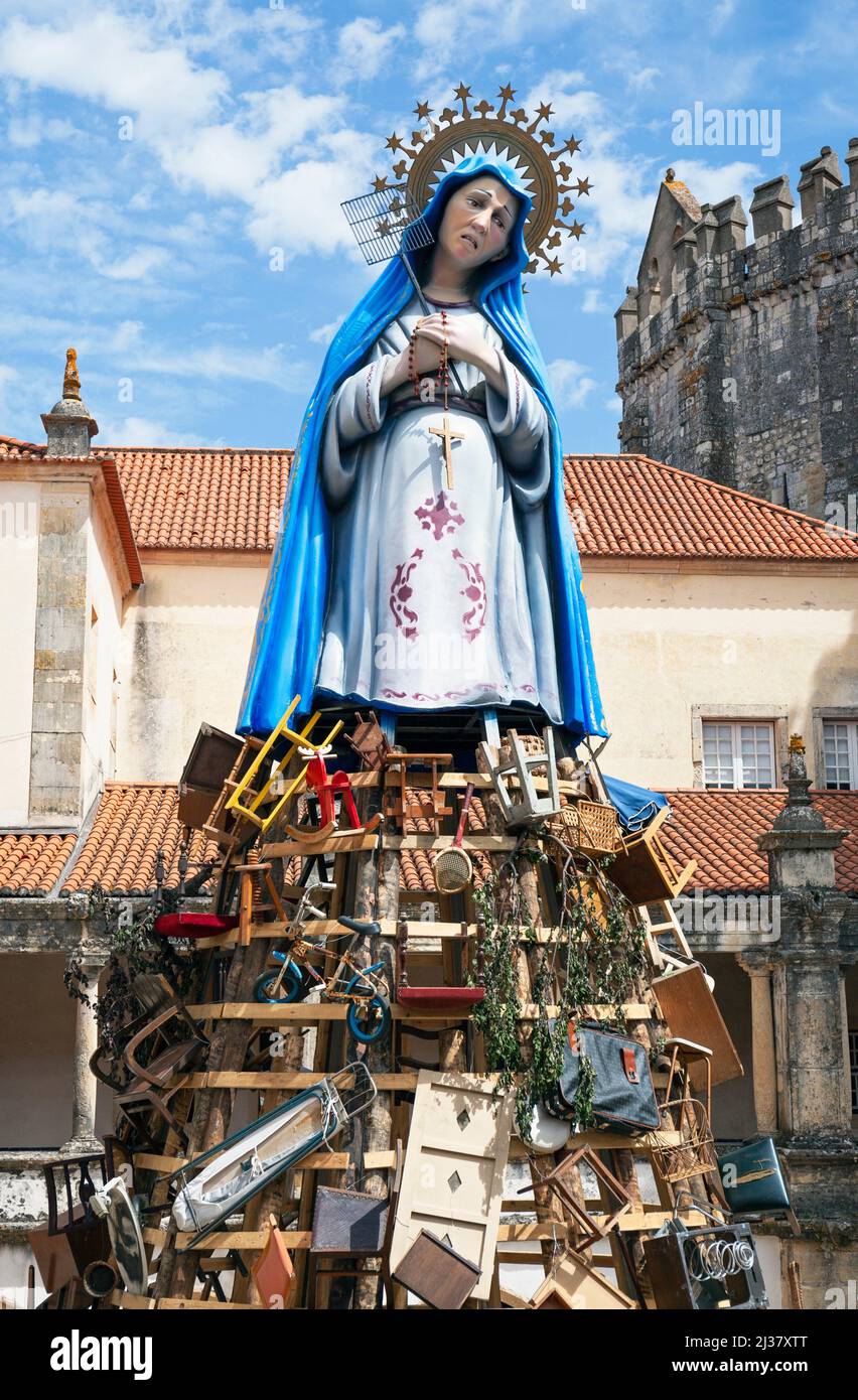 Europe, Portugal, Tomar, The Convent of Christ (Convento de Cristo), Statue of Madonna with Household Waste (part of Movie Set). Stock Photo