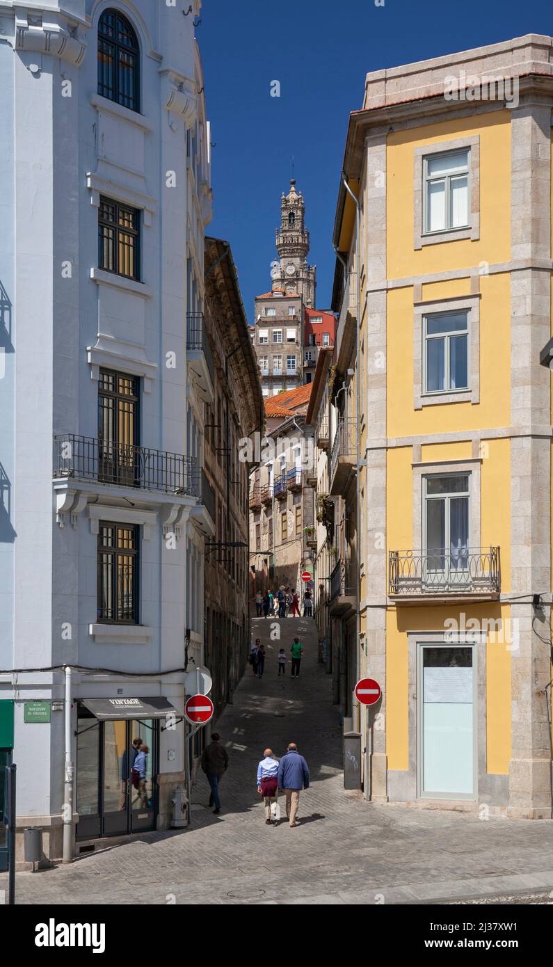 Europe, Portugal, Porto, Rua da Ponte Nova looking up the hill towards the Clérigos Tower and Church. Stock Photo