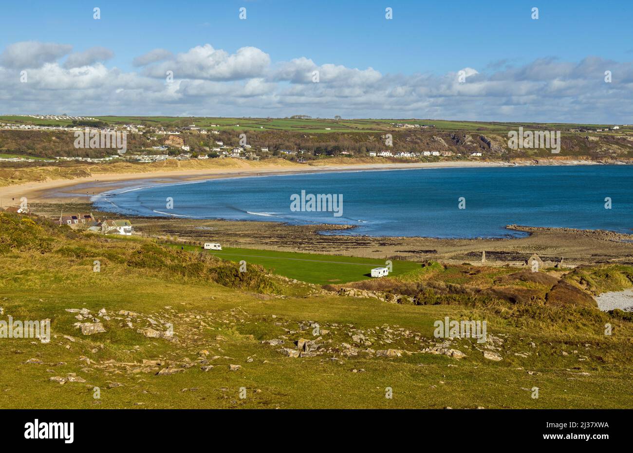A view down and across both Port Eynon and Horton beaches on the Gower coast, south Wales Stock Photo