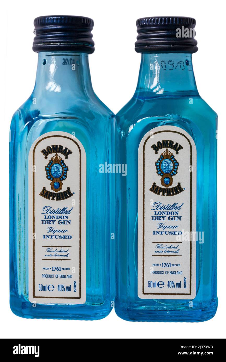 two miniature bottles of Bombay Sapphire Gin Distilled London Dry Gin one full one empty