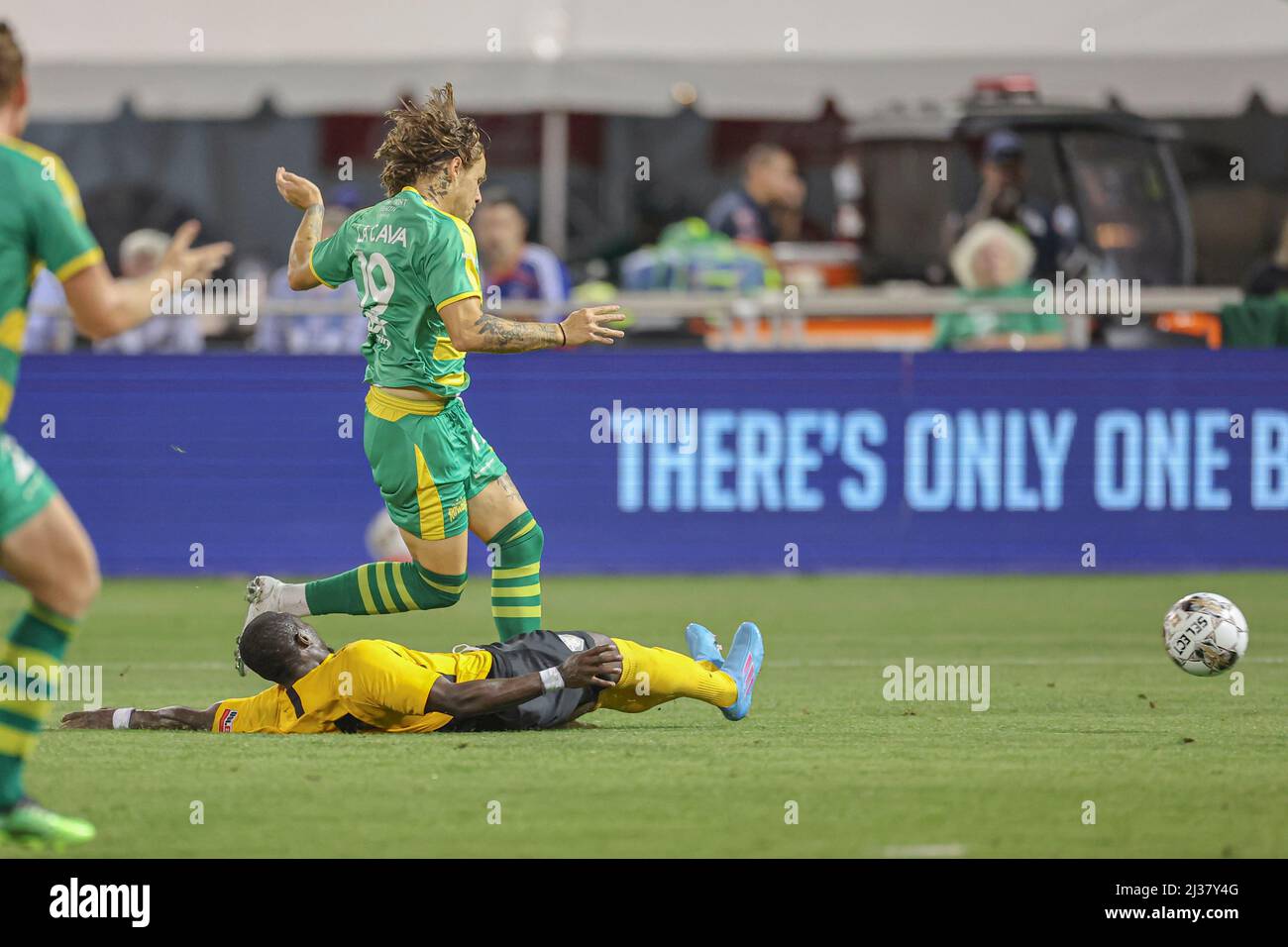 St. Petersburg, FL: Tampa Bay Rowdies forward Jake La Cava (19) dribbles  the ball up the pitch during a USL soccer game against the San Diego Loyal  FC, Saturday, April 30, 2022