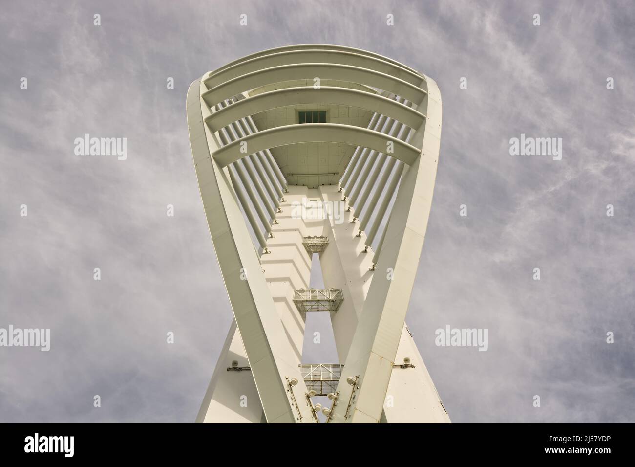 The Spinnaker Tower at Gunwharf Quays in Portsmouth, Hampshire, England. Viewed from base, looking up. Stock Photo