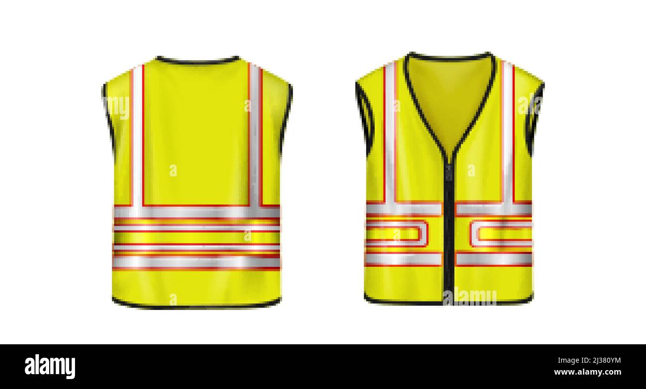 Safety vest front and back view, yellow sleeveless jacket with reflective stripes for road works, waistcoat mockup with fluorescent protective design Stock Vector