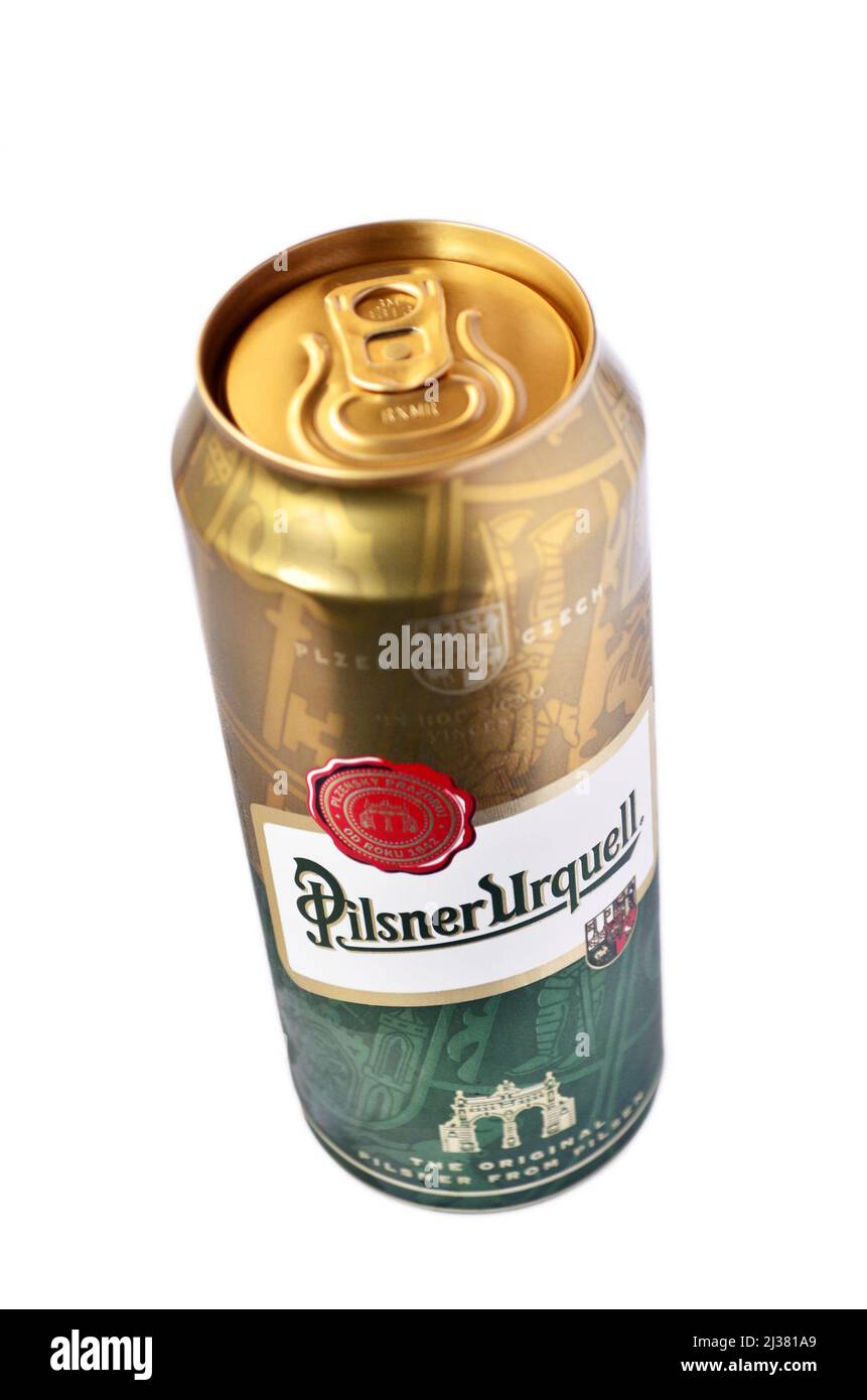 Pilsner Urquell lager beer in can on white background. Stock Photo