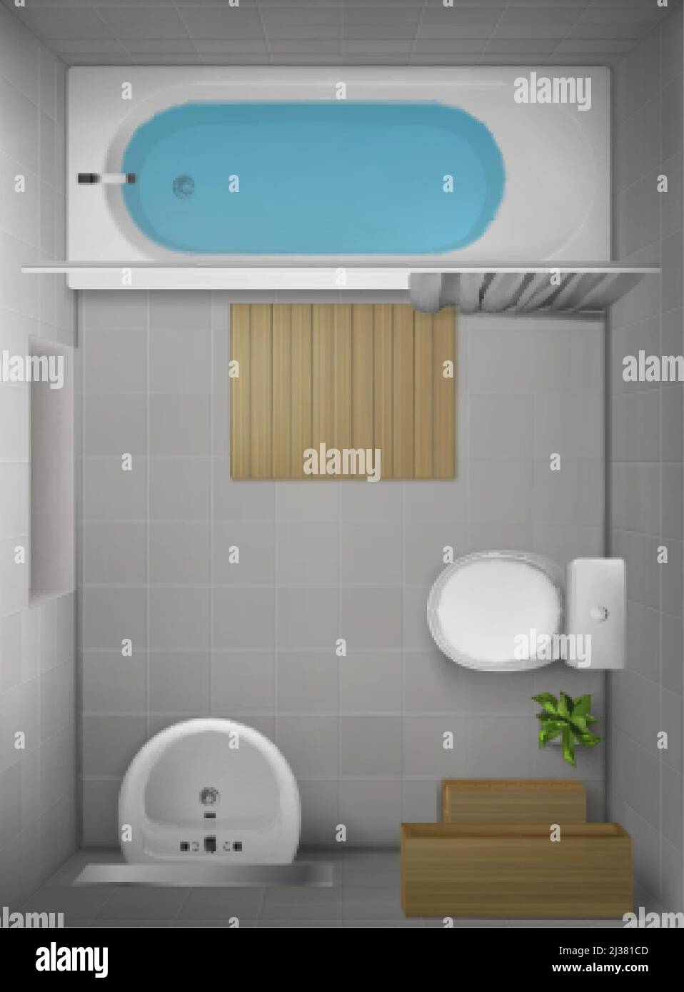 Bathroom interior top view, room with bathtub full of water, toilet bowl, ceramic sink with mirror, rug on white tiled floor, modern lavatory visualiz Stock Vector