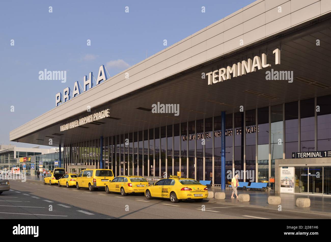 Václav Havel Airport, yellow cabs outside terminal 1 in Prague Czech Republic. Stock Photo