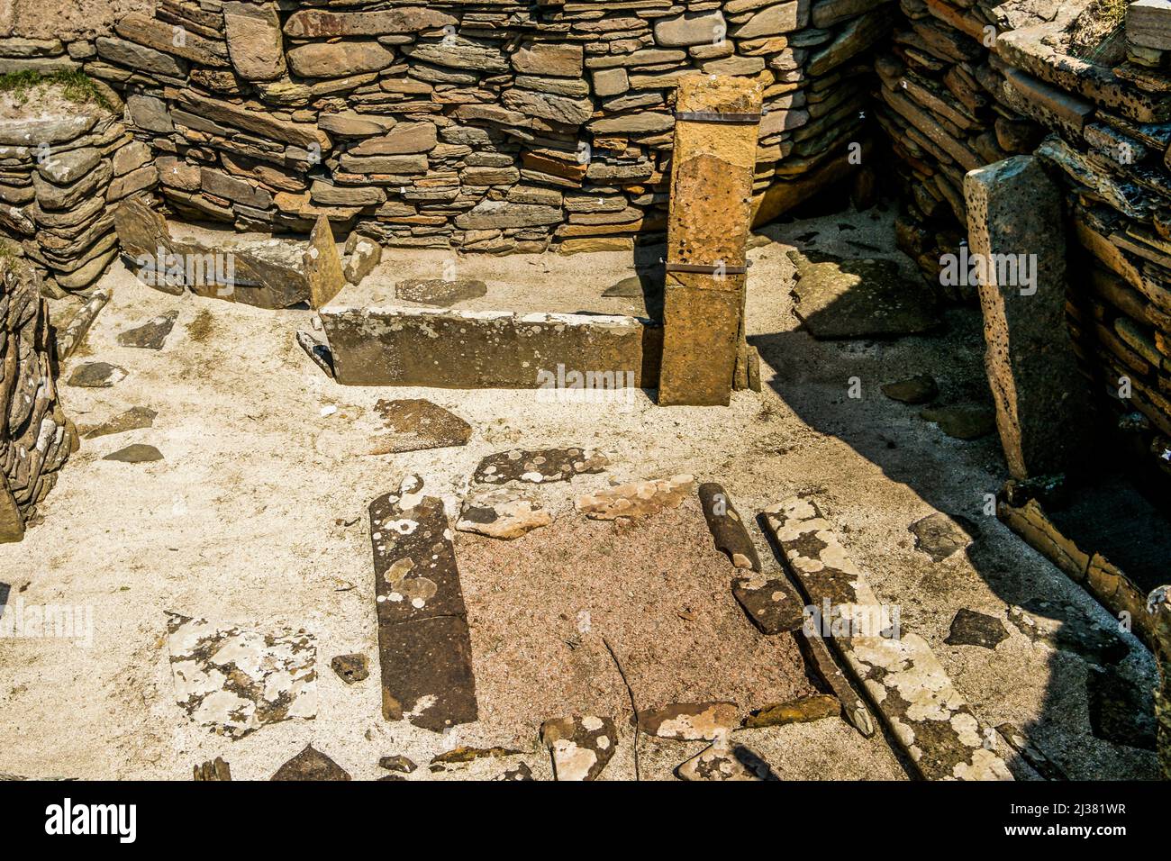 Skara Brae Neolithic Archaeological Site. Bay of Skaill, Orkney Islands, Scotland, United Kingdom. Stock Photo