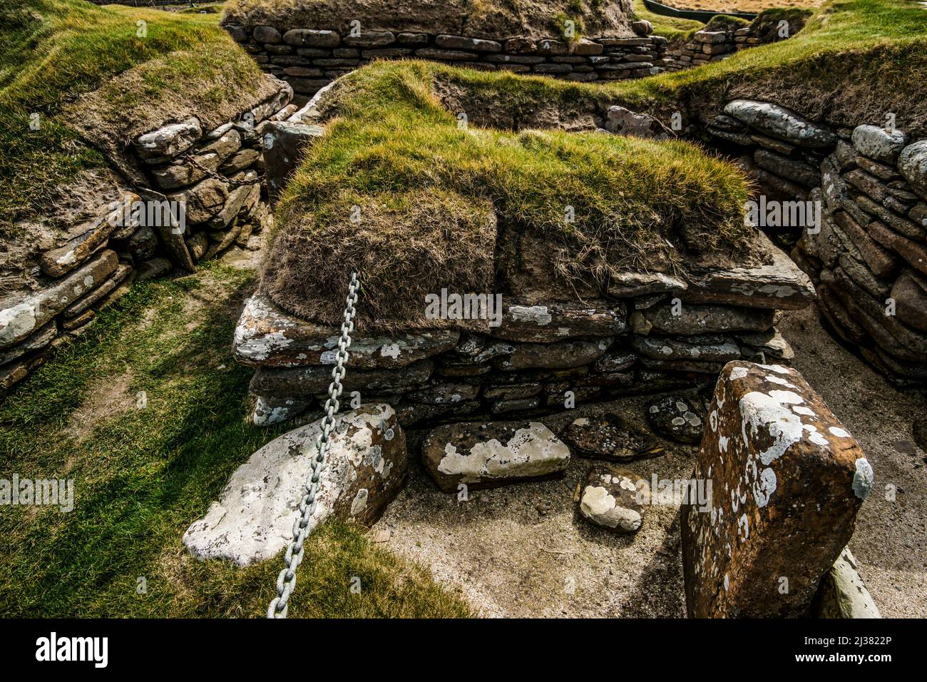 Skara Brae Neolithic Archaeological Site. Bay of Skaill, Orkney Islands, Scotland, United Kingdom. Stock Photo