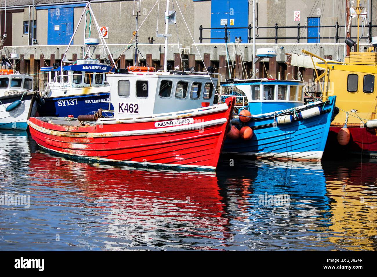 Dive charter boats, Stromness marina, Stromness Harbour/Ferry Terminal. Stromness, Orkney Islands, Scotland, United Kingdom. Stock Photo