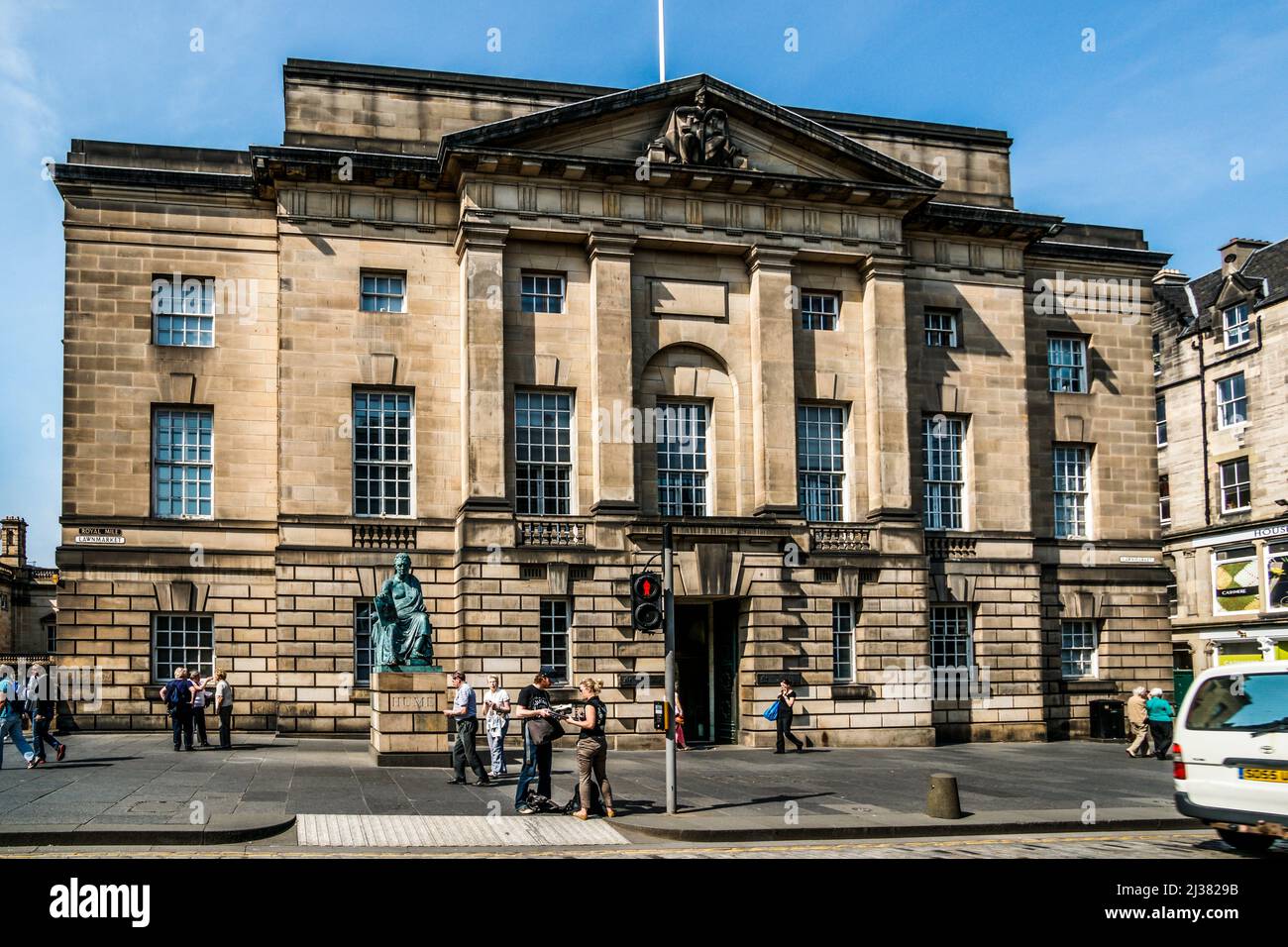 Statue of David Hume in front of High Court Building, Royal Mile, Old Town, Edinburgh, United Kingdom. Stock Photo