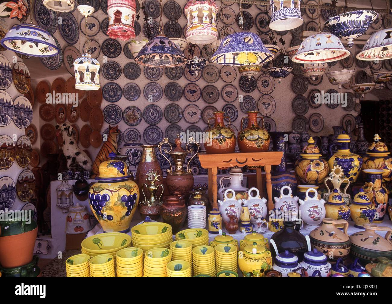 Spanish souvenir pottery with typical colorful pattern, Granada, Spain Stock Photo