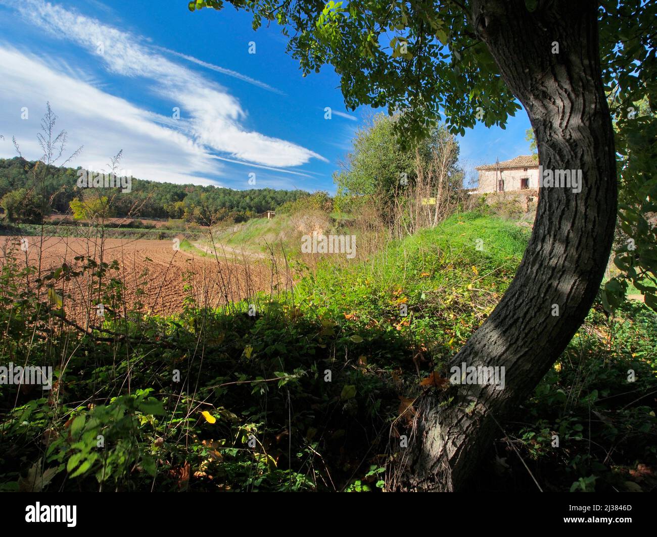 Farmhouse and plowed field. Olost village countryside. Lluçanès region, Barcelona province, Catalonia, Spain. Stock Photo