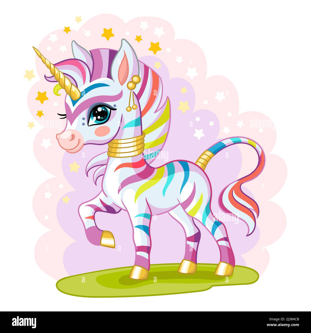 Funny standing magic rainbow zebra unicorn character. Cute animal in cartoon style. Vector illustration on pink background. For card, poster,design, s Stock Vector