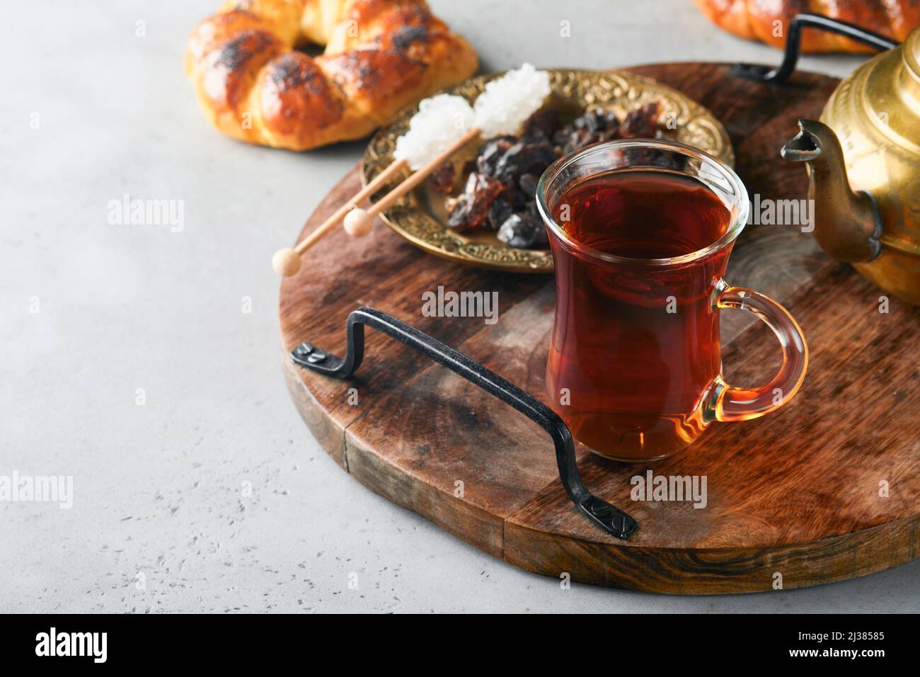 Turkish black tea. Glass cup of turkish black tea and crispy Turkish