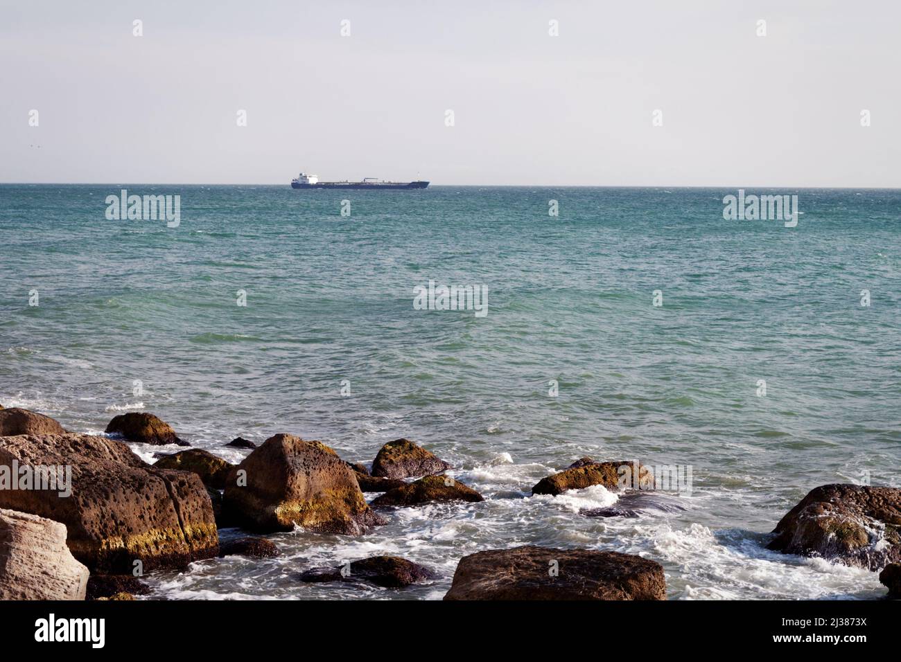 Rocky shore of the Caspian Sea. 09 October 2019 year. Kazakhstan Mangistau region. Stock Photo