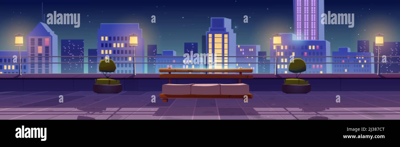 Terrace on rooftop with city view at night. Patio on roof or balcony ...