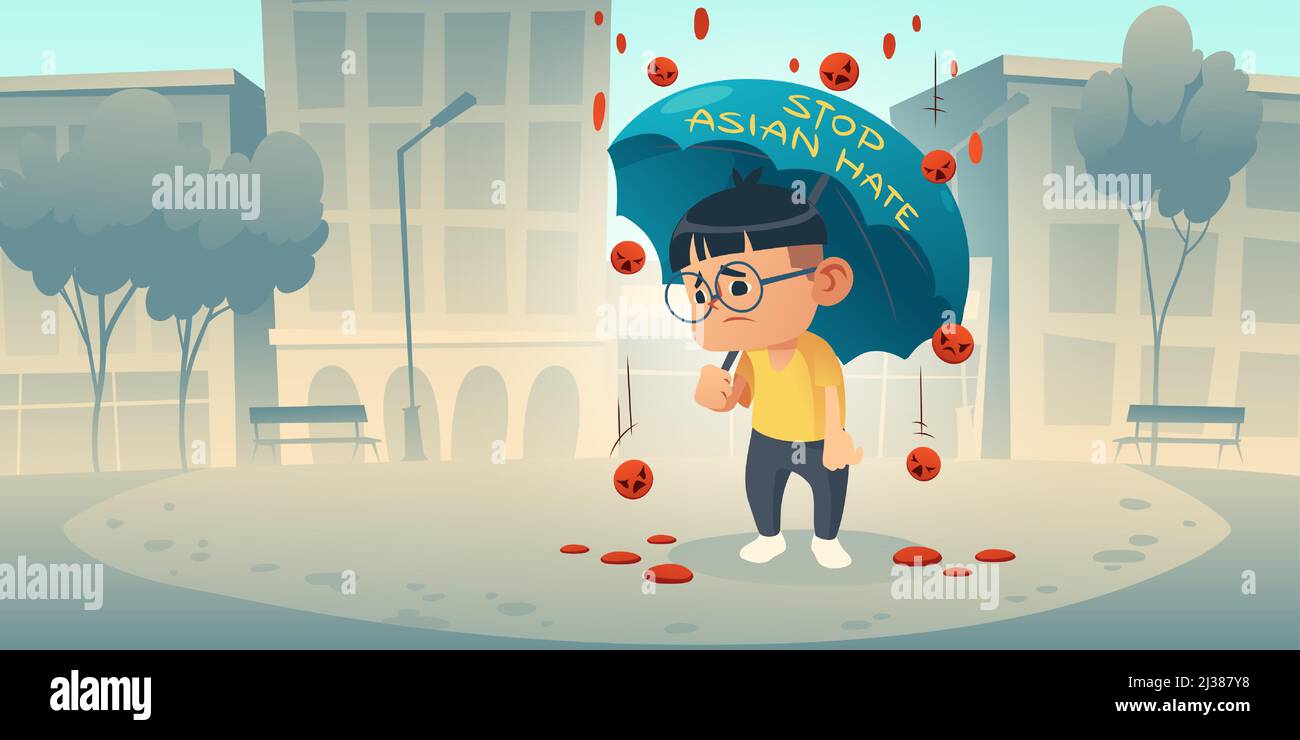 Stop Asian Hate appeal to support community of Asia during covid19 pandemic. Cartoon poster with sad chinese boy stand under rain of falling angry emo Stock Vector
